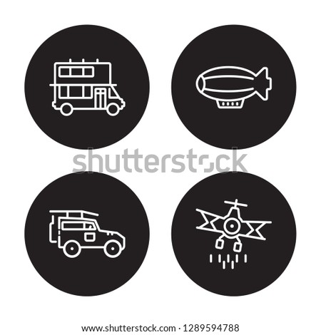 4 linear vector icon set : dugout canoe, dirigible, Double decker bus, Cruiser isolated on black background, dugout canoe, dirigible, Double decker bus, Cruiser outline icons