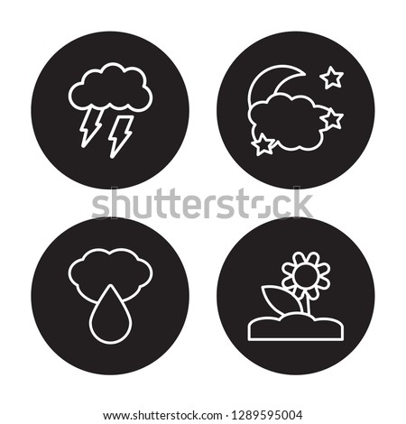4 linear vector icon set : subtropical climate, Starry night, Stormy, Sprinkle weather isolated on black background, subtropical climate, Starry night, Stormy, Sprinkle weather outline icons