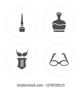 4 Liquid eyeliner, Bikini one piece swimwear, Fountain jar, Eyeglasses modern icons on round shapes, vector illustration, eps10, trendy icon set.