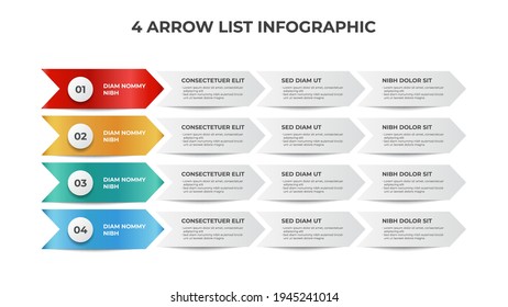 4 List Of Arrow Process Diagram With Bullets And Points, Infographic Element Template Vector