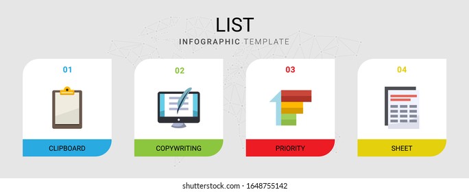 4 list flat icons set isolated on infographic template. Icons set with Clipboard, Copywriting, Priority, Sheet icons.