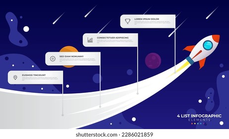 4 list of steps diagram with stair level sequence, infographic element template with rocket in the space illustration vector