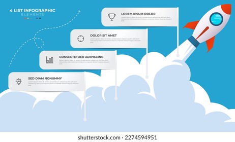 4 list of steps, layout diagram with stair level sequence, infographic element template with rocket startup launch illustration