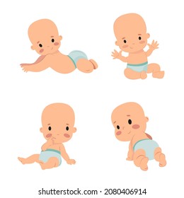 4 little boys in diapers are sitting on the floor, happy children, newborn children, newborn boy, smiling, sitting, hands up, crawling, thinking, lying on his tummy 