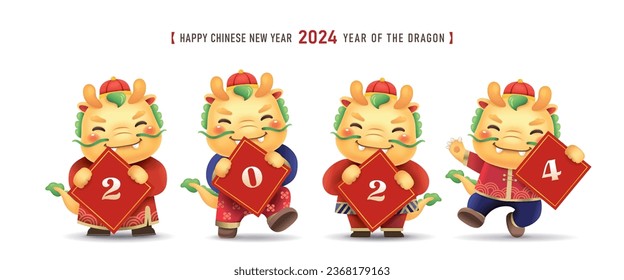 4 dibujos animados adorables de diseño para el año nuevo chino 2024, año del dragón.