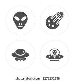 4 Little Extraterrestial, Big UFO, Sputnik, Alien with Aqualung modern icons on round shapes, vector illustration, eps10, trendy icon set.