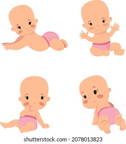 4 little girls in different poses a set of babies a toddler sits raises his hands lies on his tummy thinks crawls, in diapers a European girl