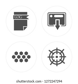 4 Log file, Hexagons, Transaction, Goals modern icons on round shapes, vector illustration, eps10, trendy icon set.