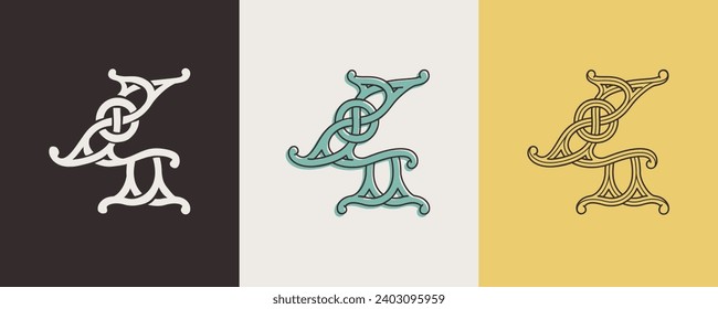 4 logo. Celtic number Four monograms. Insular style initial with knots and interwoven cords. British, Irish, or Saxons overlapping monogram. Medieval font for tattoo, St. Patrick day, and sportswear.