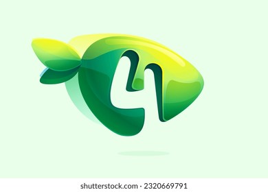 4 logo. Environment friendly number four. 3D realistic icon cut out of triangle arrow shape. Watercolor forest eco logo with green leaves. Vector for play button, healthy food, agriculture adv.