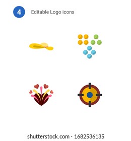 4 logo flat icons set isolated on . Icons set with woman hat, Clustering, firework, Shooter icons.