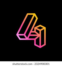 4 logo. Isometric number four. Neon lights emblem. Multicolor gradient impossible lines design. Cubic bright icon for blockchain labels, nightlife headlines, futuristic posters, NFT advertisement.