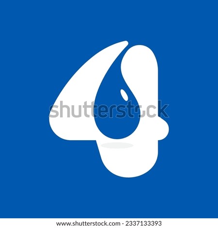 4 logo. Number four with blue water dew drops. Negative space icon. Spring water emblem. Vector template for pure drink company, swimming posters, waste recycling identity, fight against drought adv.