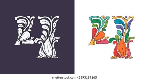 4 logo. Number four with botanical and flower pattern. Traditional leaves and curved lines embroidery ornament. Icon for wedding ceremony, vintage greeting cards, birthday identity, party invitations