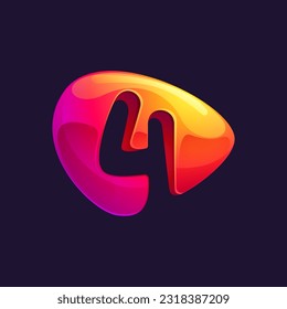 4 logotipo. Número cuatro cortado de forma de esfera triangular. Plantilla de icono de flecha metálica multicolor. Resumen del elemento de diseño vectorial. Perfecto para botón de juego, identidad fintech, emblema deportivo, aplicación de entrega.