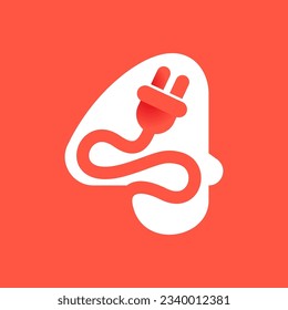 4 logo. Number four with electrical plug logo. Negative space technology icon. Power energy concept. Vector for electric vehicle identity, eco-friendly hybrid cars, charging point and accessories.
