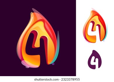 4 logo. Number four in fire flame. Negative space 3D realistic icon. Vibrant initial in overlapping watercolor style. Vector watercolor font for danger labels, warning posters, sport identity.
