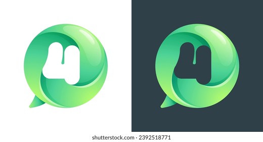 4 logo. Number four inside speech bubble with swirl pattern. Negative space style icon. Colorful gradient emblem for social media app, call center, online message, feedback icon, telemarketing screen