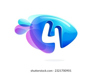 4 logo. Number four made of spring water and dew drops. Environment friendly initial. Pure eco emblem in overlapping watercolor style. 3D realistic icon in triangle arrow shape. Vector play button.