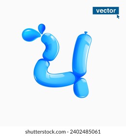 4 logo. Number four made of blue clear water and dew drops. Eco-friendly realistic 3D twisted balloons. Vector elements in plastic cartoon style. Perfect for pure nature banner, healthy filter labels