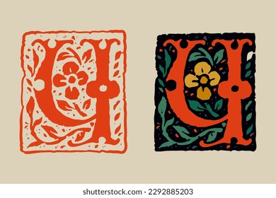 4 logo. Number four medieval grunge gothic initial. 16th century engraved drop cap. Blackletter style vintage font. Middle Ages capital icon with floral ornament. Vector square shaped calligraphy.