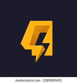 4 logo. Number four with negative space lightning. Flash vector monogram. Electric bolt icon. Perfect type for energy labels, superhero print, rock music posters, delivery art, electromobile adv.
