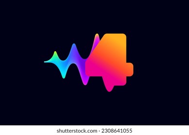 4 logo. Number four logo with pulse music player element. Vibrant sound wave flow line and glitch effect. Neon gradient icon. Vector for techno store, electronic music, audio equalizer, DJ posters.