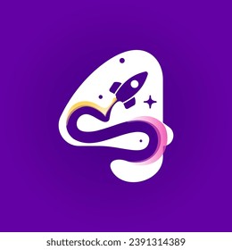 4 logo. Number four with rocket launch trail, planets, and stars. Negative space style icon. Vector typeface for science identity, planet travel app, chemistry posters, jet company, and biology adv.