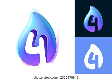 4 logo. Pure water drop number four logo. Eco-friendly 3D realistic icon. Wild wave initial in overlapping watercolor style. Dew droplet for healthy drink bottle emblem. Font for filter, nature art.