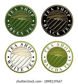 4 Logos für 4 Tees mit verschiedenen Farben und Aromen - grün, schwarz, weiß, matcha.