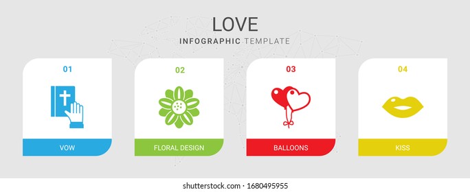 4 love filled icons set isolated on infographic template. Icons set with vow, Floral design, balloons, kiss icons.
