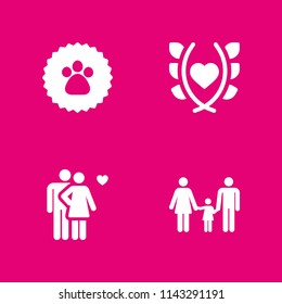 4 love icon set with couple, family and paw sticker vector illustration for graphic design and web