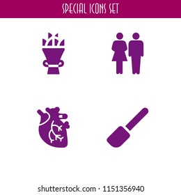 4 love icons in vector set. heart, bouquet, family of heterosexual couple and cooking illustration for web and graphic design