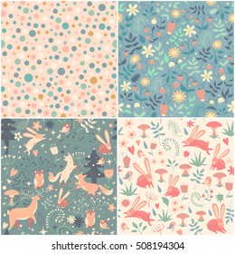 4 lovely seamless patterns. Cartoon floral natural backgrounds in vector. Seamless pattern can be used for wallpapers, pattern fills, web page backgrounds,surface textures.