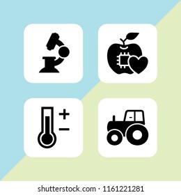 4 low icons in vector set. thermometer, microscope tool, tractor side view and diet illustration for web and graphic design