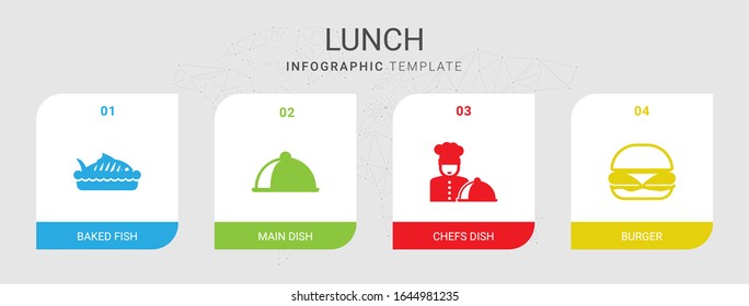 4 lunch filled icons set isolated on infographic template. Icons set with baked fish, main dish, chefs dish, burger icons.