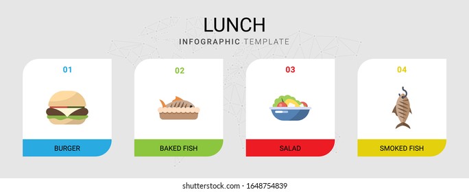 4 lunch flat icons set isolated on infographic template. Icons set with burger, baked fish, Salad, smoked fish icons.