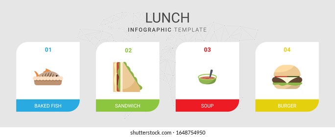 4 lunch flat icons set isolated on infographic template. Icons set with baked fish, sandwich, Soup, burger icons.