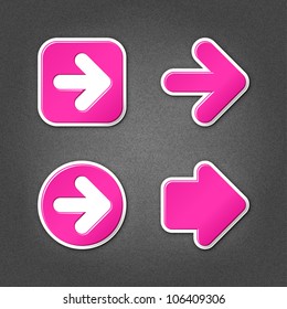 4 magenta sticker arrow sign web icon. Smooth internet button with drop shadow on gray background with noise effect. This vector illustration clip-art design element saved in 10 eps