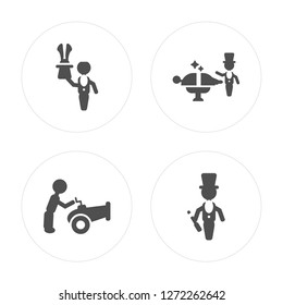 4 Magician man, Circus canon man modern icons on round shapes, vector illustration, eps10, trendy icon set.