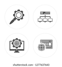 4 Magnifying glass, Settings, Networking, Browser modern icons on round shapes, vector illustration, eps10, trendy icon set.