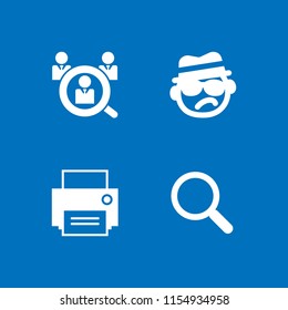 4 magnifying icons in vector set. magnifying glass, print, male job search symbol and detective illustration for web and graphic design