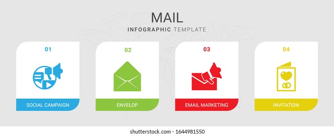 4 mail filled icons set isolated on infographic template. Icons set with Social campaign, Envelop, Email marketing, Invitation icons.