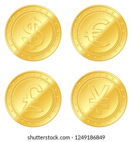4 major currency gold coins set. Dollar, Euro, Pound sterling, Yuan or Yen. Editable and suitable for casino game. EPS10