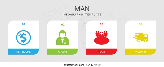 4 man filled icons set isolated on infographic template. Icons set with Net Income, groom, team, Webinar icons.