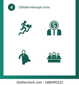 4 manager filled icons set isolated on . Icons set with career growth, Entrepreneurship, business hero, developers team icons.