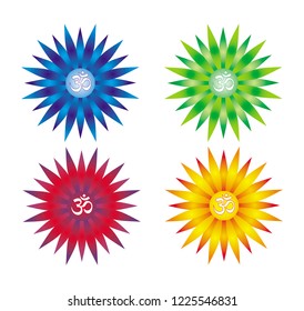 4 mandalas with the Aum / Om / Ohm sign in the center. Collection: Blue, Red, Yellow orange and green. Vector graphics.