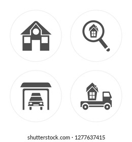 4 Mansion, Garage, Search, Moving truck modern icons on round shapes, vector illustration, eps10, trendy icon set.