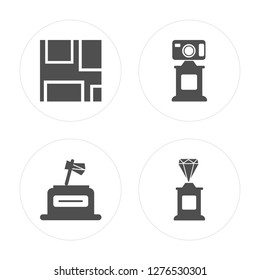 4 Map, Axe, Photo camera, Diamond modern icons on round shapes, vector illustration, eps10, trendy icon set.