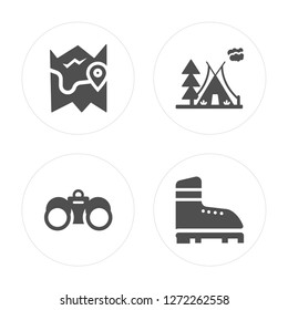 4 Map, Binoculars, Tent, Boot modern icons on round shapes, vector illustration, eps10, trendy icon set.